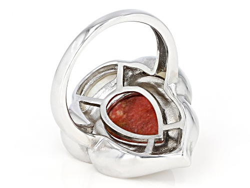 14x10mm Pear Shape Red Sponge Coral and White Mother-of-Pearl Rhodium Over Silver Ring - Size 9