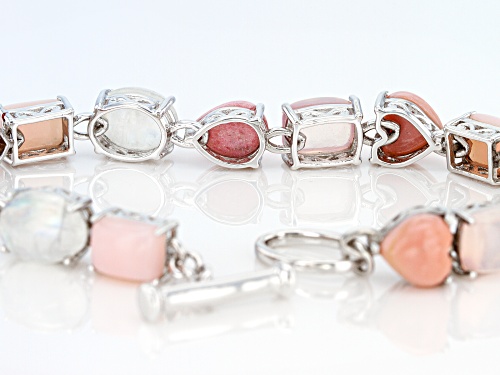 Pink Opal, Rainbow Moonstone, Thulite, Rose Quartz & Pink Mookaite Rhodium Over Silver Bracelet - Size 7.25