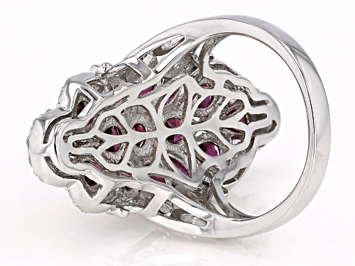 6.17ctw Mixed Shapes Raspberry Color Rhodolite and .61ctw Zircon Rhodium Over Silver Ring - Size 7