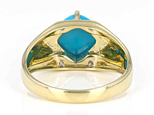 9mm Square Cushion Sleeping Beauty Turquoise With 0.13ctw White Diamond 10k Yellow Gold Men's Ring - Size 10