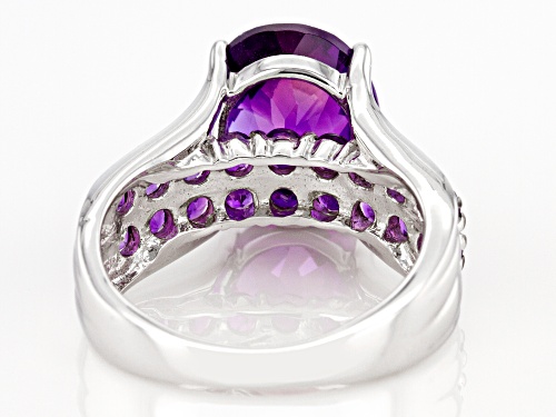 4.98ctw Oval Checkerboard Cut And Round African Amethyst Rhodium Over Sterling Silver Ring - Size 6