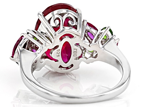 6.03ctw Lab Created Ruby with .25ctw Russian Chrome Diopside Rhodium Over Sterling Silver Ring - Size 7