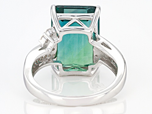 8.20ct Emerald Cut Teal Fluorite with .28ctw Round White Zircon Rhodium Over Silver Bypass Ring - Size 8