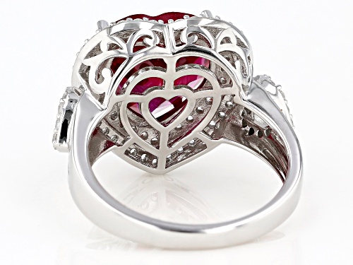 6.30ct Heart Shape Lab Created Ruby & 1.08ctw Zircon Rhodium Over Sterling Silver Ring - Size 8
