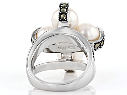 8.5mm Round White Cultured Freshwater Pearl & Round Marcasite Rhodium Over Sterling Silver Ring - Size 8