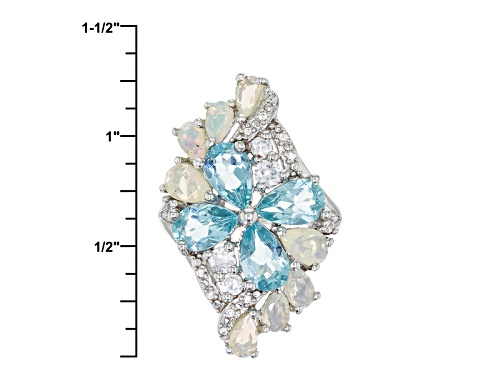 2.72ctw Pear Shape Paraiba Color Apatite, 1.09ctw Ethiopian Opal, .92ctw White Zircon Silver Ring - Size 7