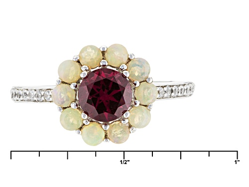 .85ct Round raspberry color Rhodolite, .85ctw Ethiopian Opal And .17ctw Zircon Silver Ring - Size 8