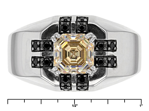 2.40ct Asscher Cut Strontium Titanate & .17ctw Black Spinel Silver Mens Ring - Size 9