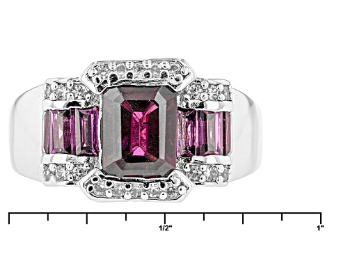 3.01ctw Emerald Cut And Baguette Raspberry color Rhodolite With .20ctw Zircon Silver Ring - Size 5