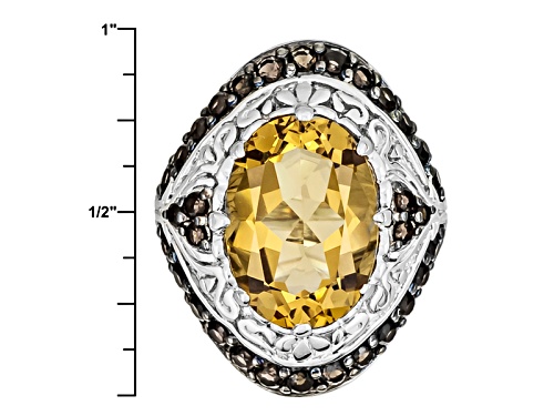 7.00ct Oval Champagne Quartz And 1.26ctw Round Smoky Quartz Sterling Silver Ring - Size 5