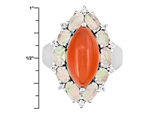 16x8mm Marquise Orange Cabochon Carnelian, 1.16ctw Ethiopian Opal, .09ctw White Zircon Silver Ring - Size 6