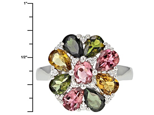 2.98ctw Multi-Tourmaline With .19ctw White Zircon Rhodium Over Sterling Silver Cluster Ring - Size 5