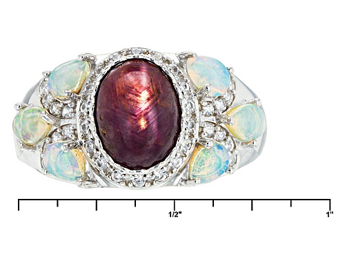 4.05ct Oval Cabochon Star Ruby, .72ctw Pear Shape Cabochon Opal, .20ctw White Zircon Silver Ring - Size 9