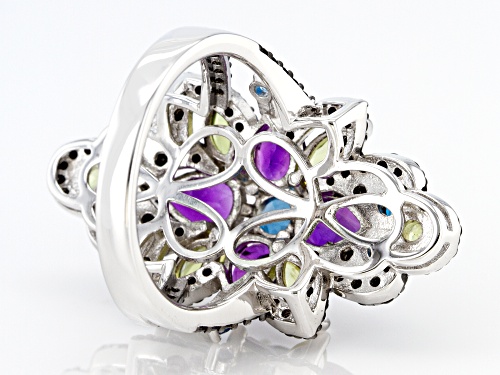 4.56CTW AMETHYST, LONDON BLUE TOPAZ, MANCHURIAN PERIDOT™ & BLACK SPINEL RHODIUM OVER SILVER RING - Size 5