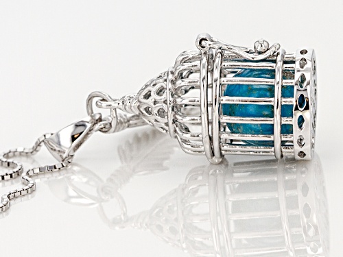 10mm Round Blue Turquoise Bead In Silver Bird Cage With Feather Charm Pendant With Chain
