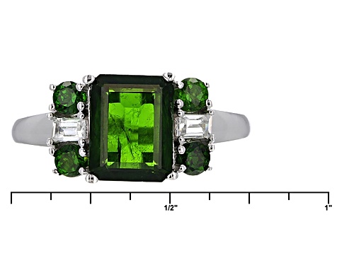 2.80ctw Emerald Cut And Round Russian Chrome Diopside And .21ctw White Zircon Silver Ring - Size 6