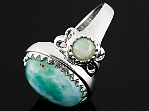 Oval Cabochon Larimar With .62ctw Round Ethiopian Opal Sterling Silver Ring - Size 6