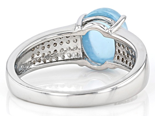 9x7 Oval Cabochon Dreamy Aquamarine With 0.42ctw Zircon Rhodium Over Sterling Silver Ring - Size 5