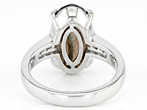 4.67ct Oval Labradorite And 0.15ctw Round London Blue Topaz Rhodium Over Sterling Silver Ring - Size 8