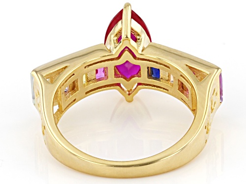 2.06ct Lab Created Ruby With 2.28ctw Lab Created Multi-Sapphire 18K Yellow Gold Over Silver Ring - Size 8