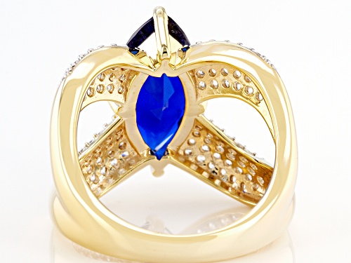 4.01ct Marquise Lab Blue Spinel With 0.88ctw Round White Zircon 18K Yellow Gold Over Silver Ring - Size 7