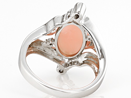 12x8mm Oval Cabochon Pink Opal And 0.05ctw White Diamond Accent Rhodium Over Silver Ring - Size 9