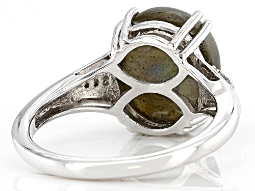 12x10mm Oval Labradorite With 0.08ctw Round White Zircon Rhodium Over Sterling Silver Ring - Size 8