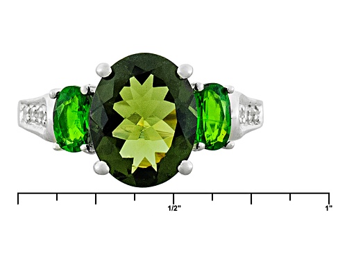 1.49ct Moldavite, .43ctw Chrome Diopside & .01ctw White Zircon Rhodium Over Sterling Silver Ring - Size 7