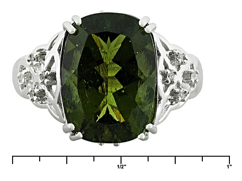 4.04ct Rectangular Cushion Moldavite And .09ctw Round White Zircon Rhodium Over Sterling Silver Ring - Size 9