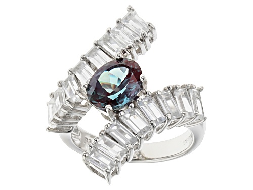 1.49ct Oval Lab Created Color Change Alexandrite With 2.03ctw Baguette White Zircon Silver Ring - Size 7