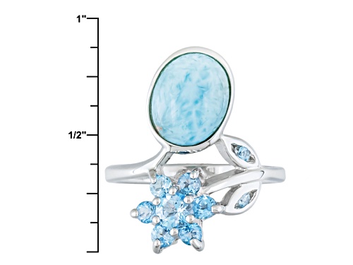 9x7mm Oval Cabochon Larimar And .74ctw Round Blue Topaz Sterling Silver Flower Ring - Size 6
