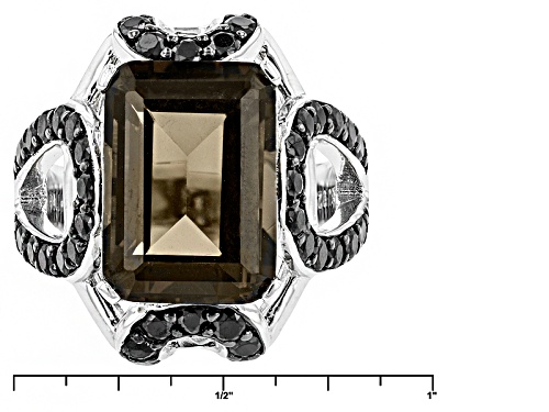6.21ct Emerald Cut Smoky Quartz With 1.54ctw Round Black Spinel Sterling Silver Ring - Size 5