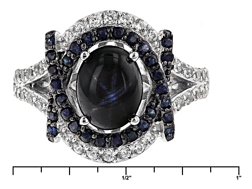 1.96ct Oval Blue Star And .50ctw Round Blue Sapphire With .65ctw White Zircon Sterling Silver Ring - Size 5