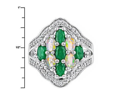 .44ctw Oval Ethiopian Opal With 1.19ctw Oval Sakota Emerald And .27ctw White Zircon Silver Ring - Size 8
