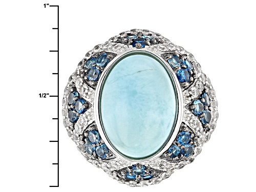 14x10mm Oval Larimar, .78ctw London Blue Topaz And .95ctw White Zircon Sterling Silver Ring - Size 6