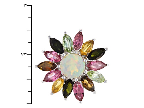 .63ct Round Ethiopian Opal With 2.72ctw Marquise Green, Yellow And Pink Tourmaline Silver Ring - Size 8