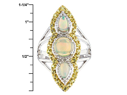 1.50ctw Pear Shape And Round Cabochon Ethiopian Opal With  1.36ctw Yellow Sapphire Silver Ring - Size 6