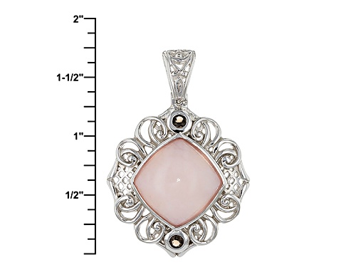 14mm Square Cushion Peruvian Pink Opal With .19ctw Round Smoky Quartz Silver Pendant With Chain