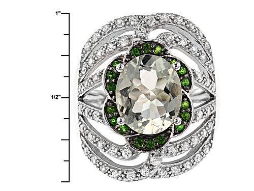 2.90ct Green Prasiolite,.29ctw Russian Chrome Diopside With .95ct White Zircon Sterling Silver Ring - Size 8