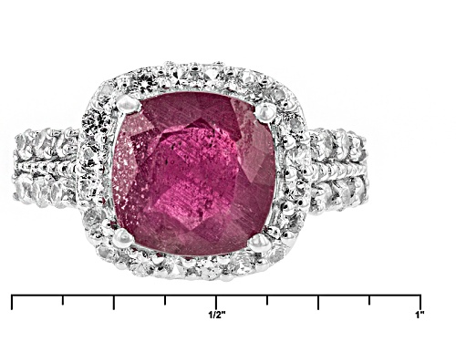 4.04ct Square Cushion Mahaleo® Ruby And 1.34ctw Round White Zircon Sterling Silver Ring - Size 9