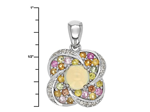 .42ct Round Ethiopian Opal, .21ctw White Zircon, .71ctw Multi-Sapphire Silver Pendant With Chain