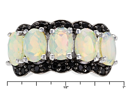 2.10ctw Oval Ethiopian Opal With .76ctw Round Black Spinel Sterling Silver 5-Stone Band Ring - Size 10