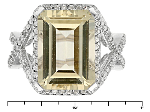 5.31ct Emerald Cut Yellow Labradorite And .24ctw Round White Zircon Sterling Silver Ring - Size 12