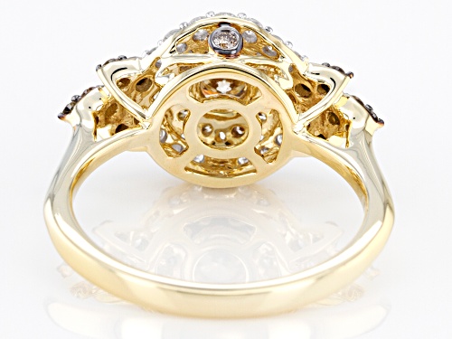 1.00ctw Round Champagne And White Diamond 10K Yellow Gold Cluster Ring - Size 7