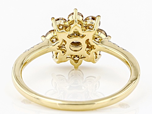 0.75ctw Round Champagne And White Diamond 10k Yellow Gold Cluster Floral Ring - Size 8
