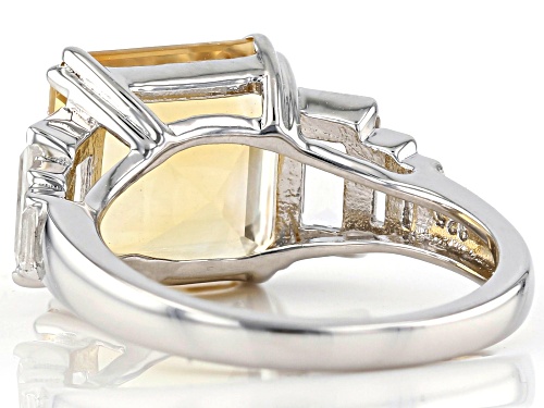 3.40ct Square Octagonal Citrine & 1.89ctw Baguette White Topaz Rhodium Over Silver Ring - Size 7