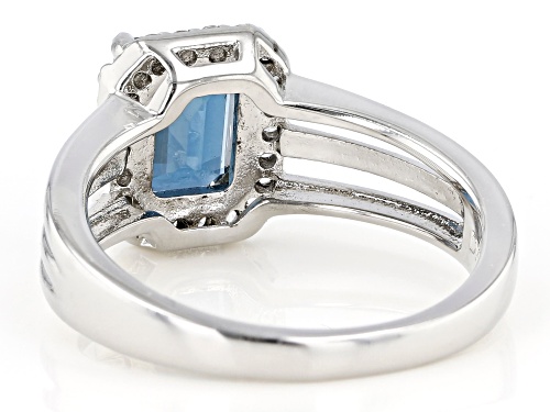 1.53ct Emerald Cut Teal Chromium Kyanite With .32ctw Zircon Rhodium Over Sterling Silver Halo Ring - Size 8