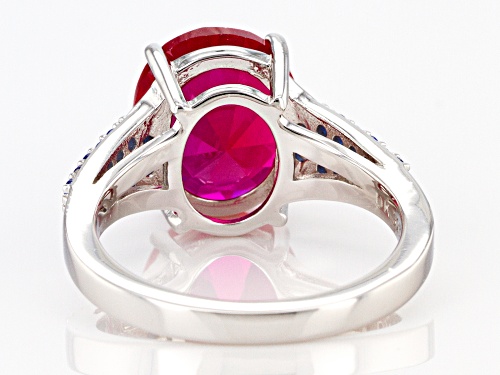5.41ct Oval Lab Created Ruby With .66ctw Round Lab Created Blue Spinel Rhodium Over Silver Ring - Size 9
