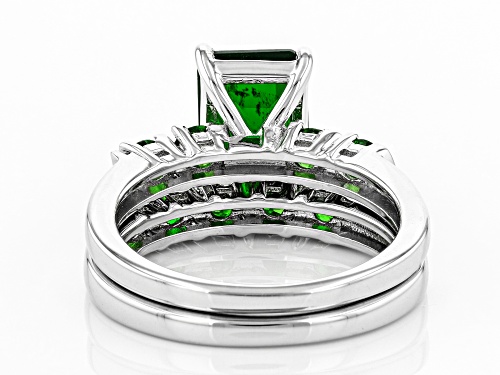 1.87ct Emerald Cut & .99ctw Round Chrome Diopside Rhodium Over Silver Ring With Band - Size 6
