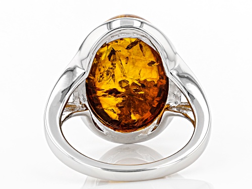 18x13mm Oval Amber Rhodium Over Sterling Silver With 18k Gold Enhanced Sunflower Detail Ring - Size 8